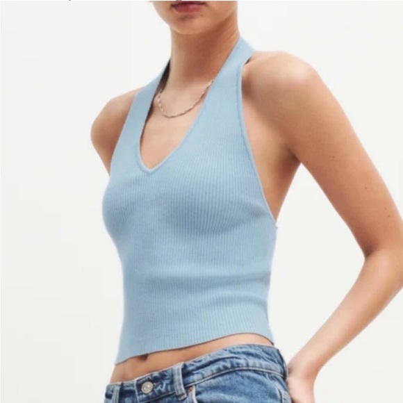 Reformation Carol Cotton Sweater Tank Ribbed Halter Crop Top Mineral Blue - Picture 3 of 13